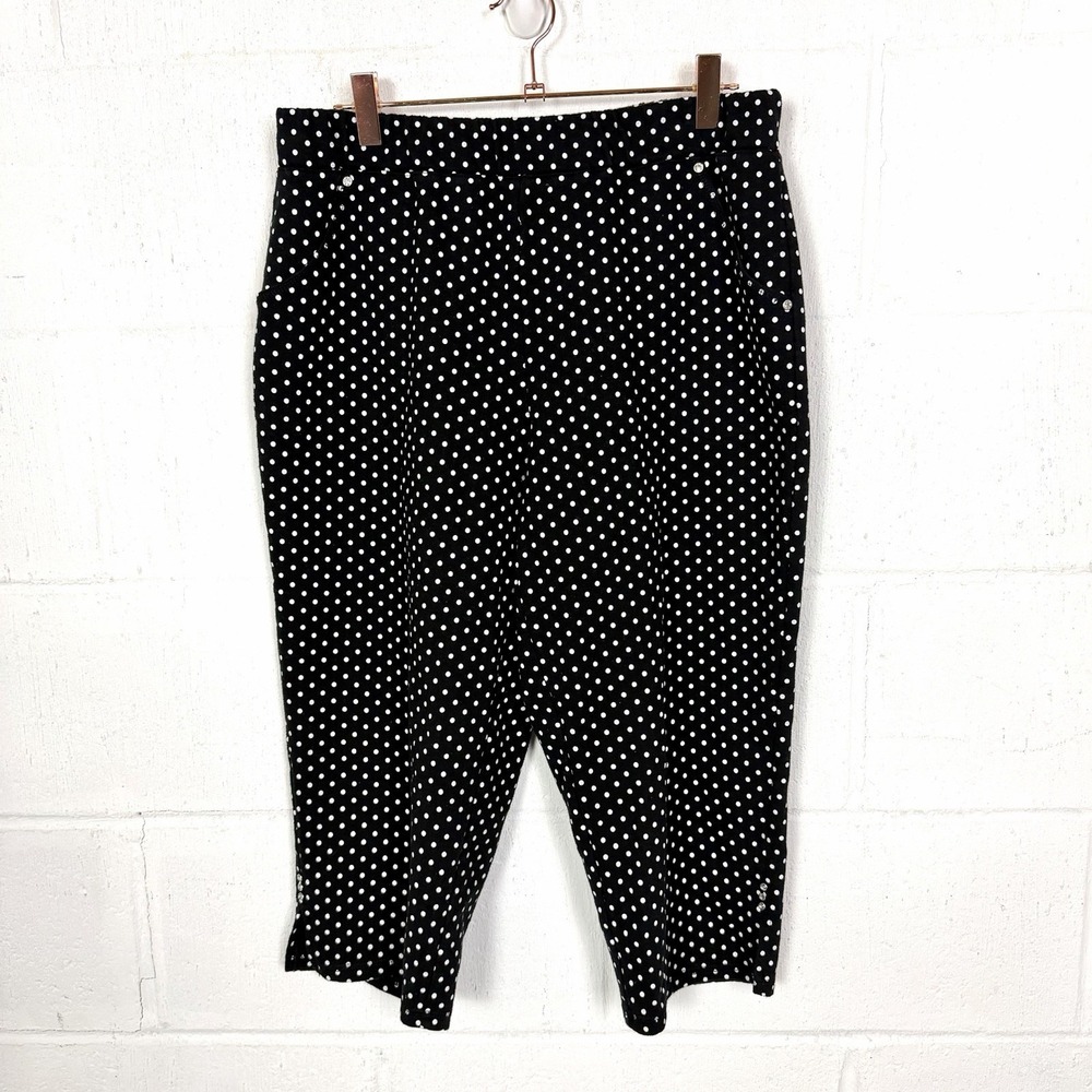 Quacker Factory Capri Pants Pull On Black Polka Dot Rhinestones Stretch Casual M